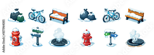 Snow-covered urban objects including bicycle, bench, trash bags, fire hydrant, street signs, manhole