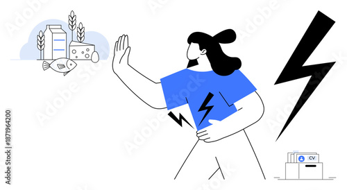 Food allergy concept. Visual depiction of food allergy reaction with milk, cheese, fish, wheat, and risk symbols. Food allergy management and education. For health, safety awareness medical