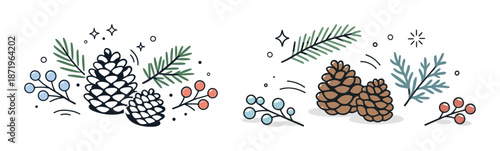 Festive pine cones with evergreen branches and berries illustration