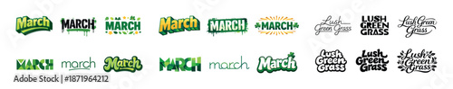 Creative march and lush green grass text designs in various styles