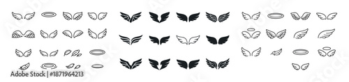 Set of 36 angel and bird wing icons with halo designs