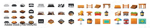 Collection of patio furniture and garden icons in various styles