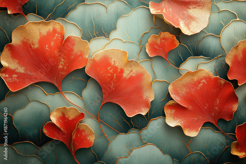 Elegant Ginkgo Leaves with Red and Gold Detailing Against a Teal Background