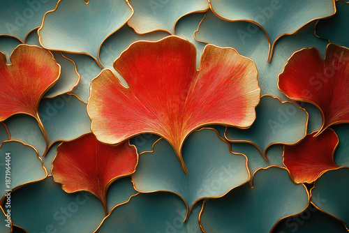 Golden Outlined Ginkgo Leaves with Abstract Patterns in Teal Tones