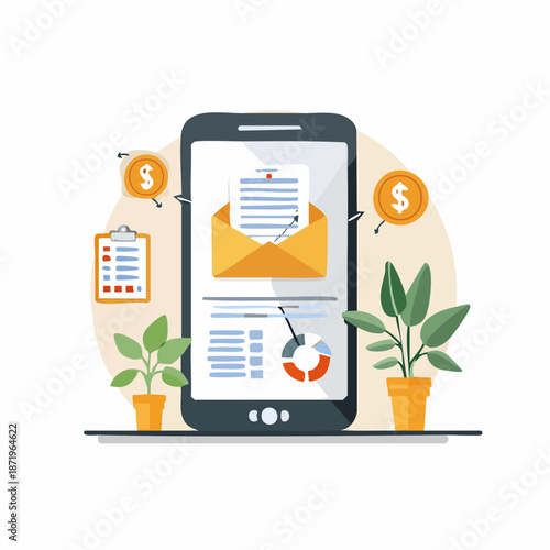 Optimized mobile business communication and email marketing concept, featuring data analysis, financial planning, and productivity tools on a smartphone screen