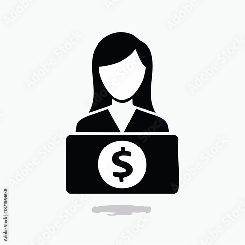Professional businesswoman avatar icon symbolizing financial operations, customer service, or a user profile associated with monetary services and transactions for digital platforms