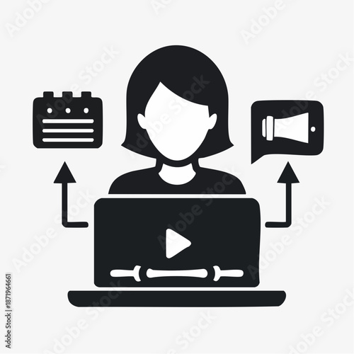Modern digital marketing and content management vector icon showing a person actively creating, scheduling, and promoting online media, ideal for web services and education