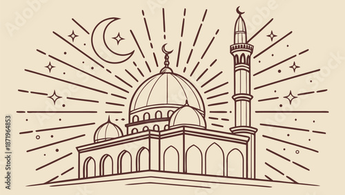 Beautiful mosque with minaret under crescent moon and stars