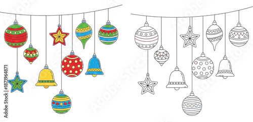 Christmas hanging ornaments set with colorful and outline versions for coloring book. Hand drawn vector baubles, bells, and stars holiday decoration.