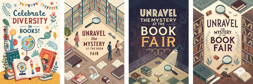 Creative mystery book fair posters featuring whimsical and suspenseful designs
