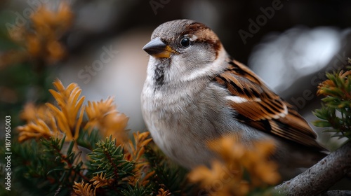 Close up portrait of a house sparrow perched on a pine branch in autumn.