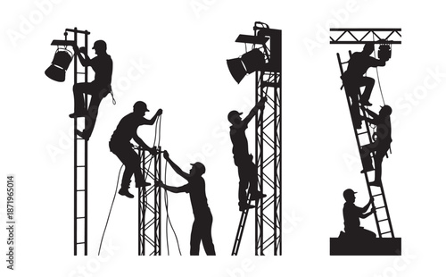 Stage Lighting Crew Working Silhouette Vector, Event Production Rigging Illustration.