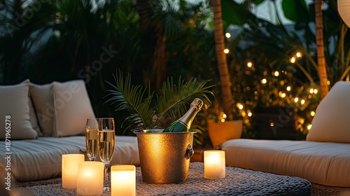 Candlelit patio setup with plush seats, bucket of champagne and tropical plants .