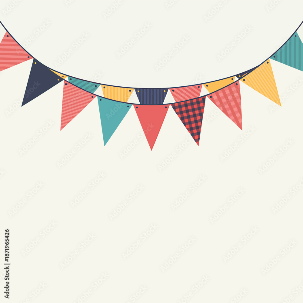 Obraz premium Colorful party bunting flags hanging against a simple neutral background