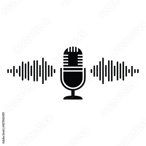 A black microphone icon with sound waves on a white background