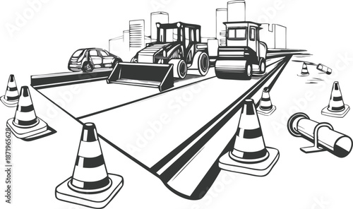 Road construction with heavy machinery and traffic cones on city street at night