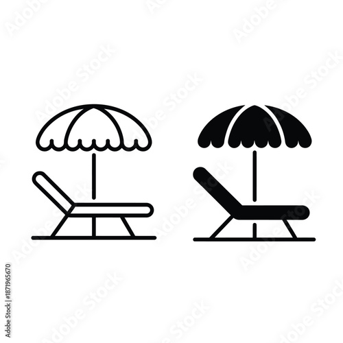 Black and white icons depicting a beach chair with umbrella