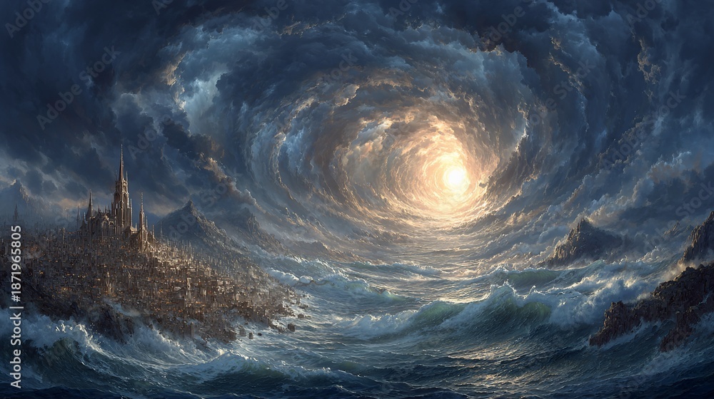 Fototapeta premium Dramatic seascape with swirling clouds above a coastal city under divine light