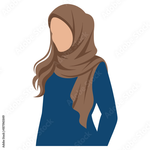 A serene illustration of a woman wearing a brown hijab and navy blue clothing