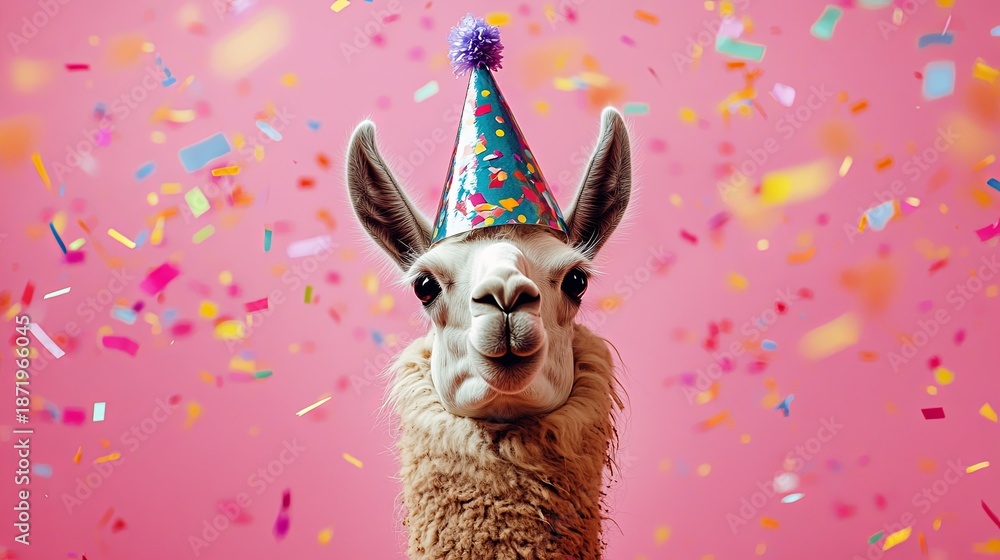 Fototapeta premium Llama in party hat with confetti explosion .