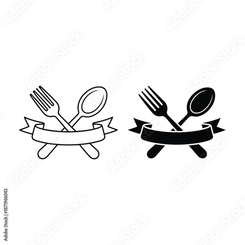Elegant crossed cutlery with ribbon banners a minimalist graphic design element