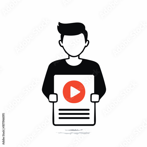 Vector icon of a stylized person holding a document with a play button, embodying online video content, digital media, streaming, and e-learning concepts