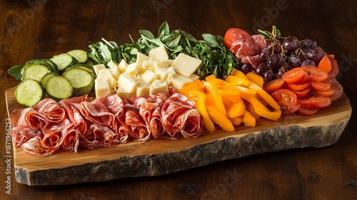 Assorted antipasto with marinated vegetables, prosciutto, and cheese on olive wood board .