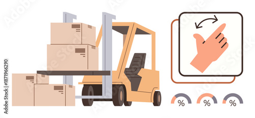 Warehouse management, logistics, automation, efficiency, cargo handling, industrial design. Forklift carrying boxes next to control gesture icon and performance metrics. Warehouse automation