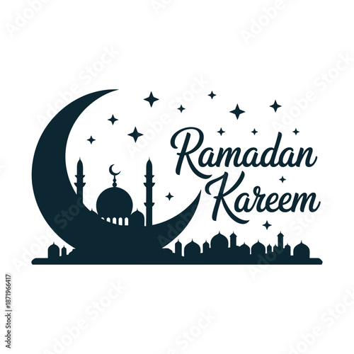 Ramadan kareem greeting with a crescent moon mosque silhouettes and sparkling stars design