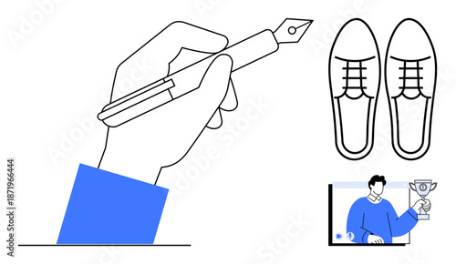 Hand writing with pen, detailed shoes, person celebrating achievement holding trophy on virtual call. Ideal for education, creativity, success concepts, e-learning, remote work, awards personal