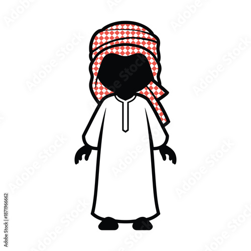Simple illustration of a person wearing traditional arabian clothing including a keffiyeh and thobe