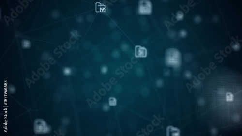 Secure file data network with connected document and lock icons forming a digital information flow, designed for cybersecurity, cloud storage, and enterprise data management visuals with seamless loop