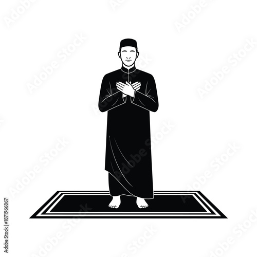 A monochrome illustration depicts a man in traditional islamic attire praying on a rug
