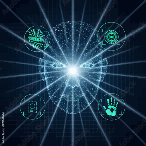 Futuristic Face with Biometric Icons and Radial Light Beams on Dark Background
