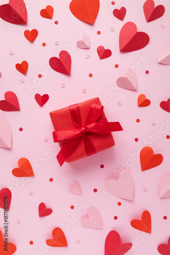 Valentine's Day vertical card with paper hearts and red gift box on pink background top view. © juliasudnitskaya