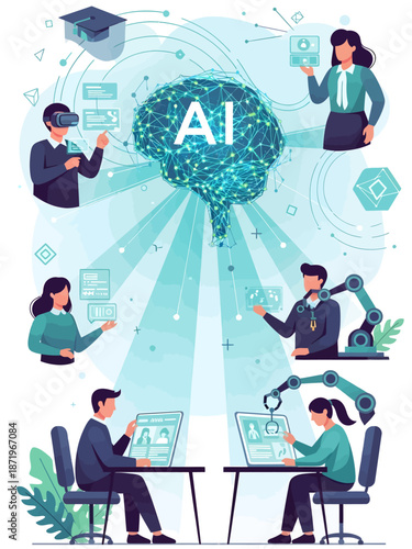 Artificial Intelligence Concept with People Working on Computers and Robots in Modern Office, Flat Design Illustration