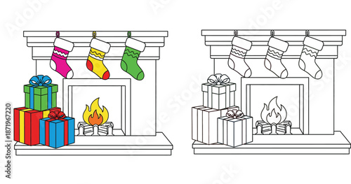 Christmas fireplace with stockings and gifts coloring book page vector illustration, cartoon indoor scene with fire, presents, and socks in colored and black and white outline style for kids