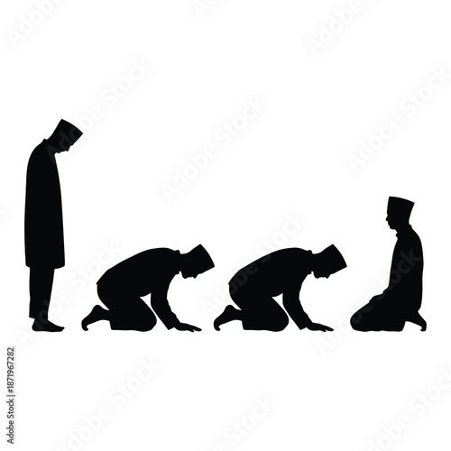 Silhouettes of muslim men in prayer positions depicting devotion and religious practice in black