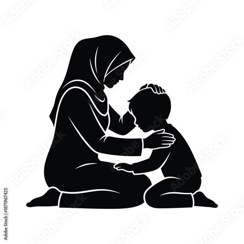 A tender silhouette of a mother lovingly embracing and comforting her young child