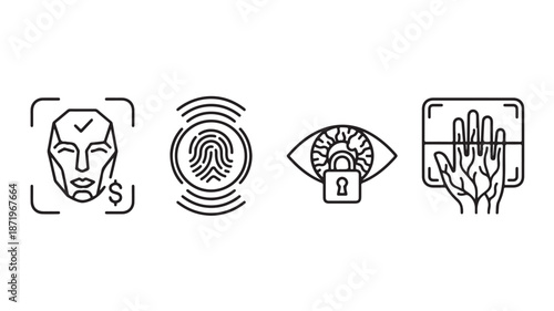 Biometric Authentication Icons in Minimalist Line Art Style with Black Color on White Background for Cybersecurity