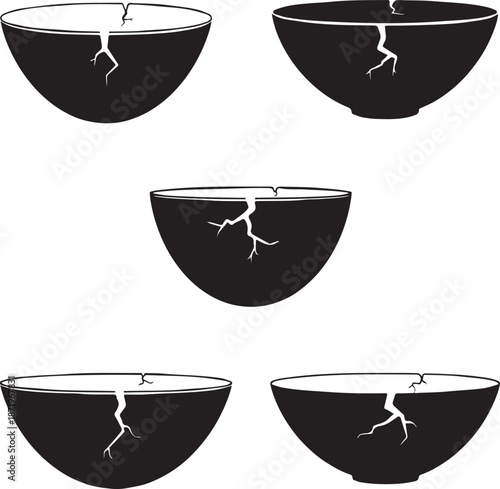 Collection of five cracked bowls in silhouette, representing fragility and brokenness, isolated on a transparent background