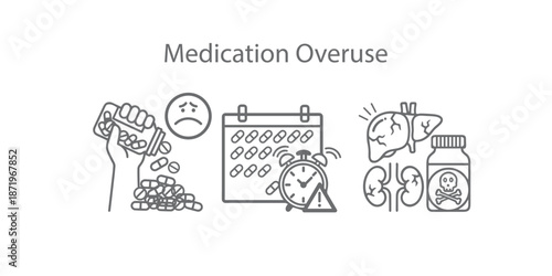Medication Overuse and Toxicity Icon Set. Vector Line Art of Drug Overdose, Addiction, and Liver Kidney Damage.