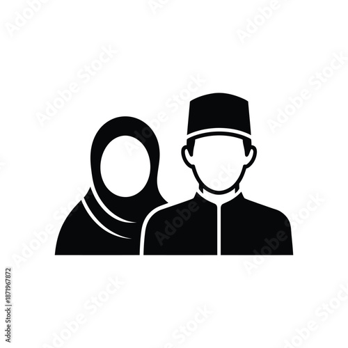 A black and white icon depicting a muslim couple a man and a woman in silhouette form