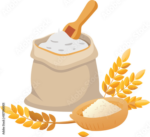 Illustration of a bag of flour alongside wheat stalks and a small wooden