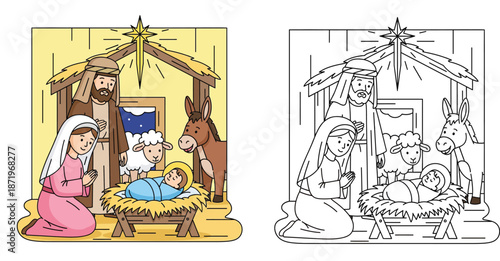 Christmas nativity scene with Holy Family. Mary, Joseph, and Baby Jesus in stable with animals. Vector illustration set of colored and black and white coloring page outline.