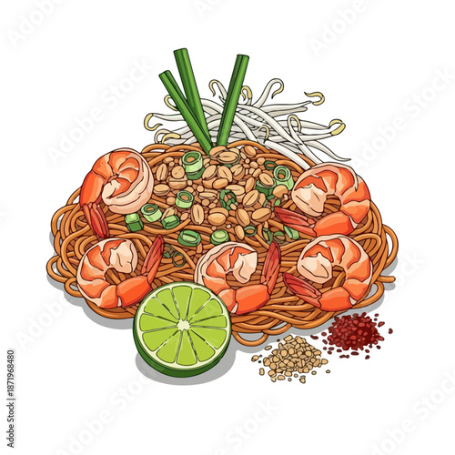Pad Thai Thai Restaurant Vector Illustration