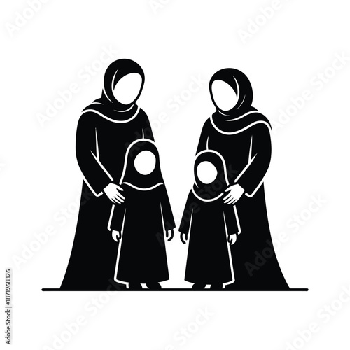 Silhouettes of two women wearing hijabs with young children depicting a family bond