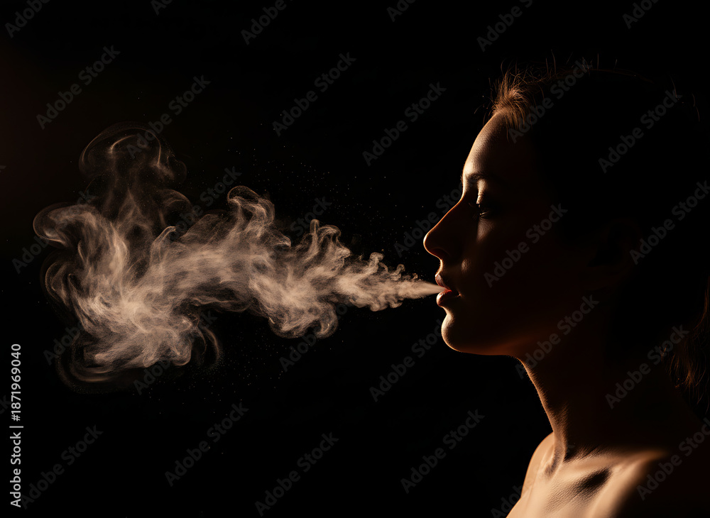 Fototapeta premium Woman exhaling smoke in dramatic silhouette against dark background
