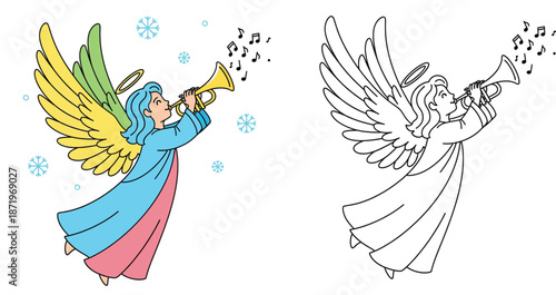 Christmas angel playing trumpet vector illustration, colored and outline for coloring book, religious holiday symbol, celestial character with wings flying among snowflakes.