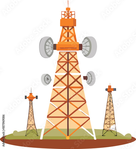 illustration of orange communication towers against a simple yellow circular background design high quality